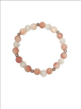 Natural Pink & White Persian Chalcedony & Selenite Gemstone Beaded Bracelet 6.5"